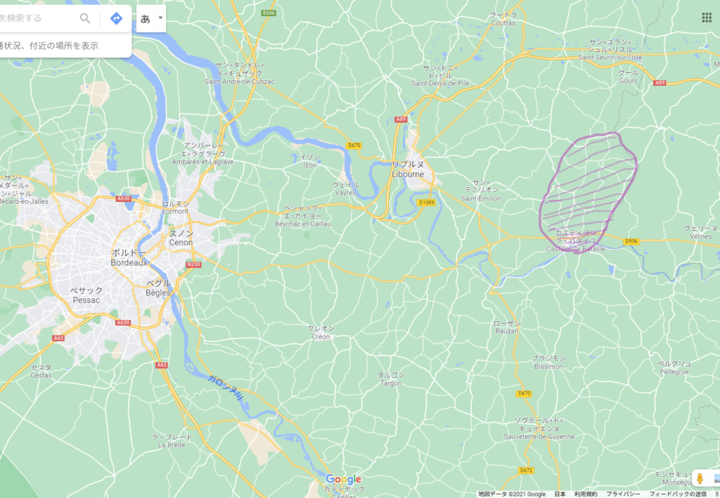 私が地図上でざっくりとしたカスティヨン・コート・ド・ボルドー地区を示した図